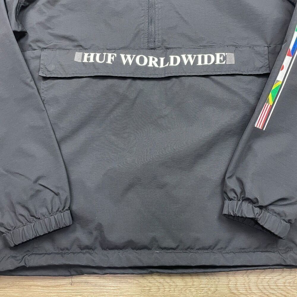 Huf Jacket Mens Large Black Anorak Skateboarding Worldwide Flags Hooded View 2